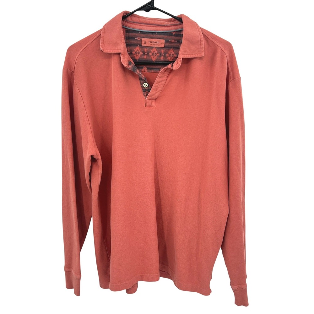True Grit Long Sleeve Polo Shirt Large Burnt Orange‎ Southwestern Tribal Rugged